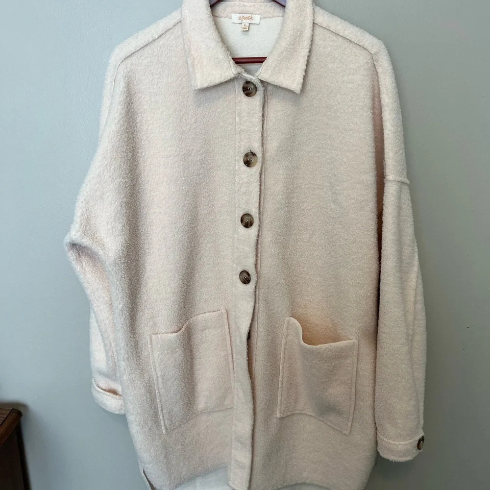 Cream Button-Up boucle teddy bear Jacket with deep patch Pockets. Shacket style